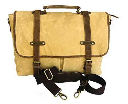 18 Inch Mens Messenger Bag Inch Waterproof Vintage Genuine Leather Waxed Canvas Briefcase Large