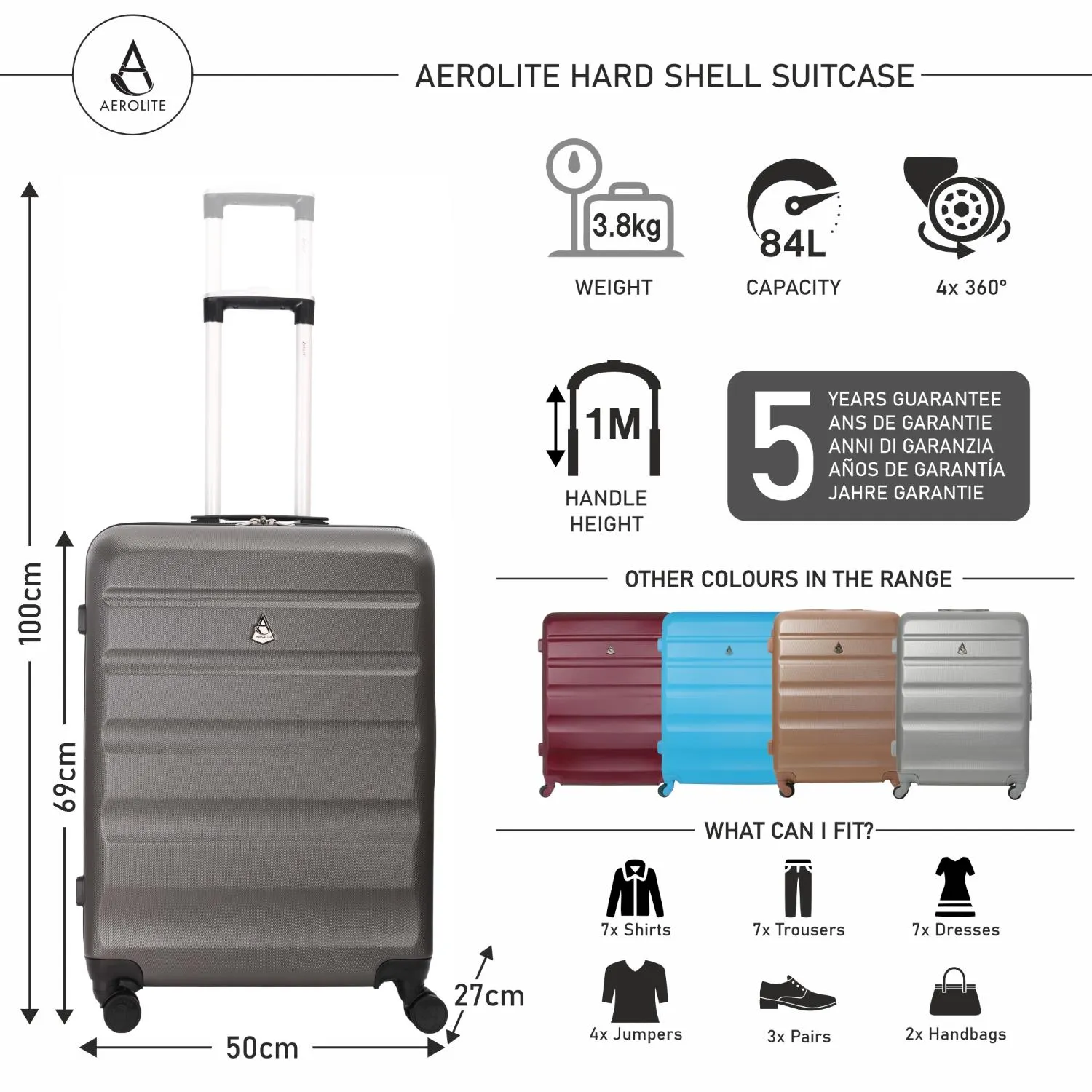 Aerolite 25" (69x50x27cm) Medium Lightweight Hard Shell Checked In Hold Luggage Suitcase with 8 Wheels, 82L Capacity