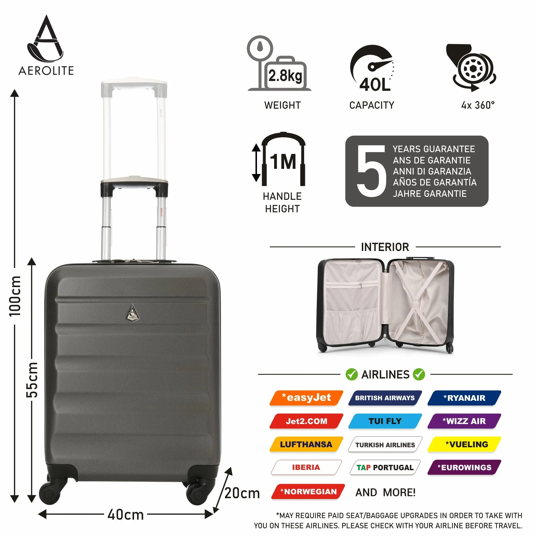 Aerolite Ryanair Ultimate Luggage Set, Priority Cabin Suitcase 55x40x20cm, Underseat Holdall 40x20x25cm, 29” Large Checked Suitcase, Luggage Scale and 2xTSA locks