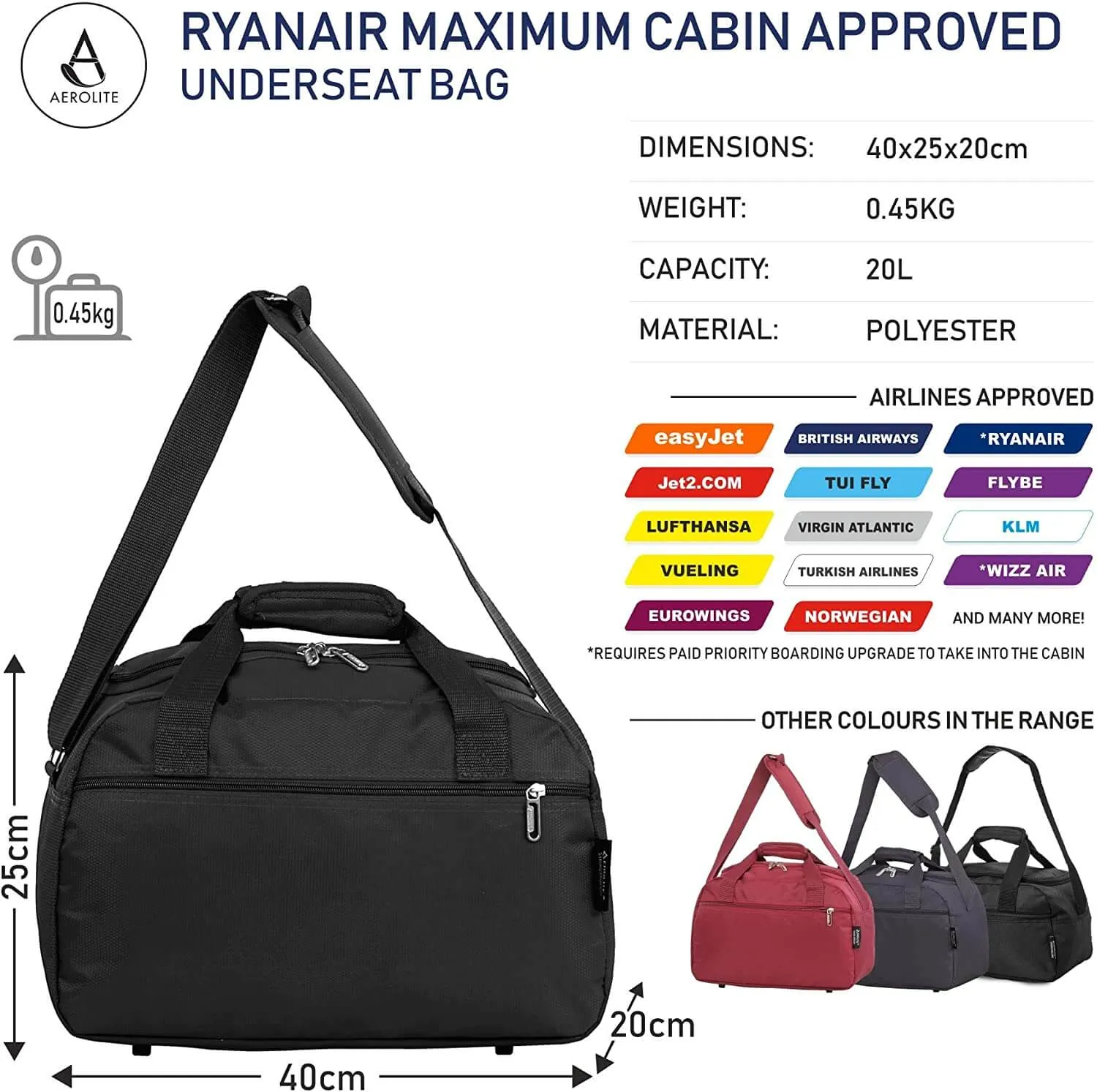 Aerolite Ryanair Ultimate Luggage Set, Priority Cabin Suitcase 55x40x20cm, Underseat Holdall 40x20x25cm, 29” Large Checked Suitcase, Luggage Scale and 2xTSA locks