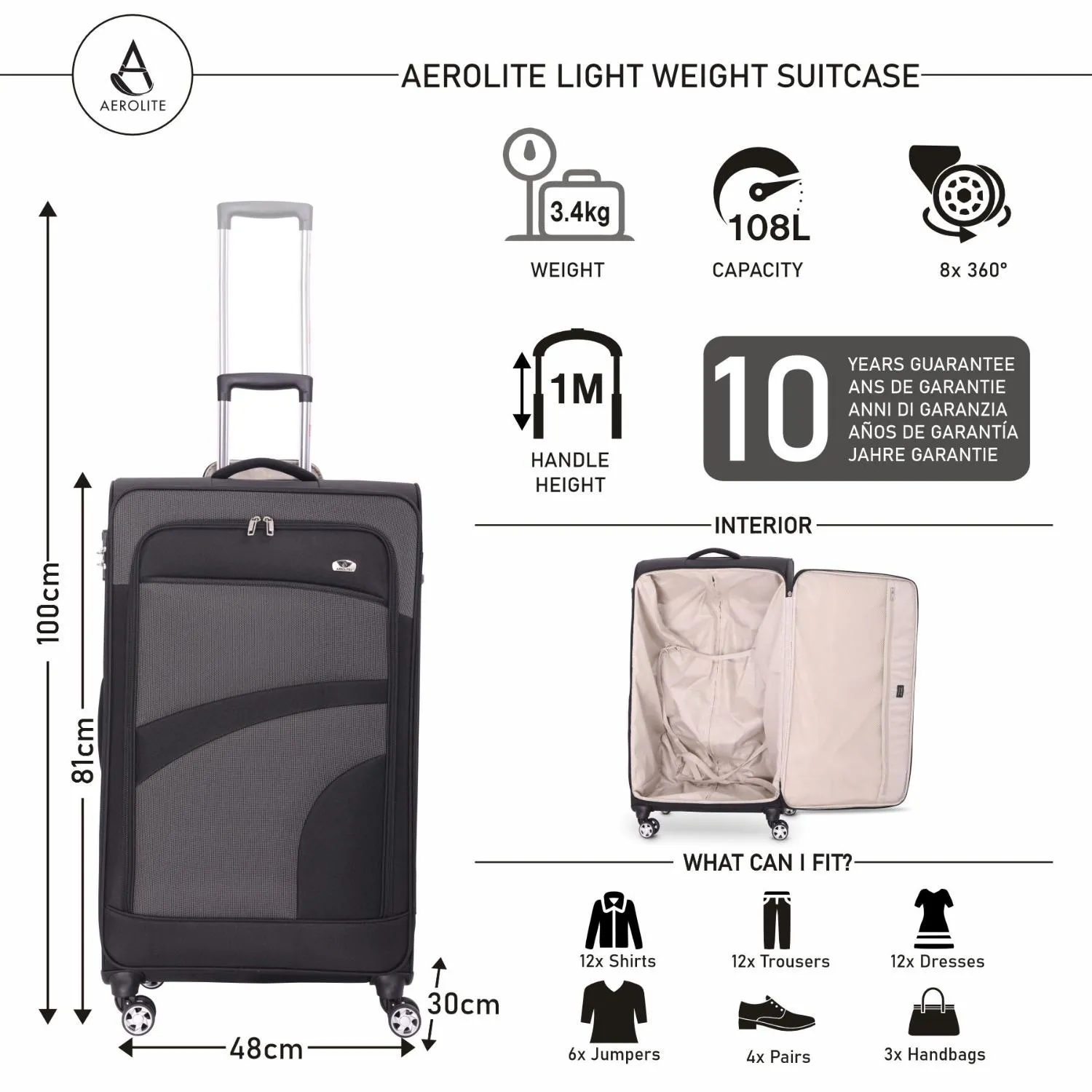 Aerolite Super Lightweight 4 Wheels Soft Shell Cabin & Hold Luggage, Cabin Size Approved for Ryanair (Priority), easyJet (Plus/Large Cabin), British Airways, Delta, Lufthansa, (Cabin 21", Medium 26", Large 30")