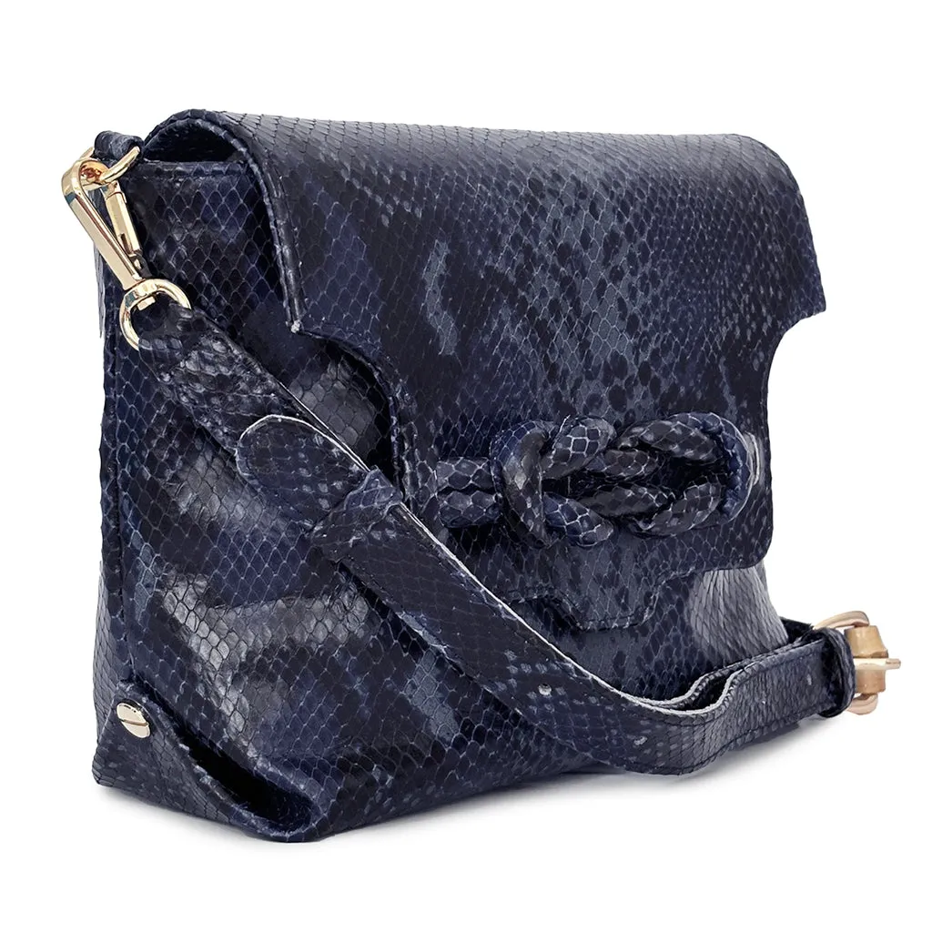 Amara Knot Satchel - Navy Blue Python Print Calf Leather