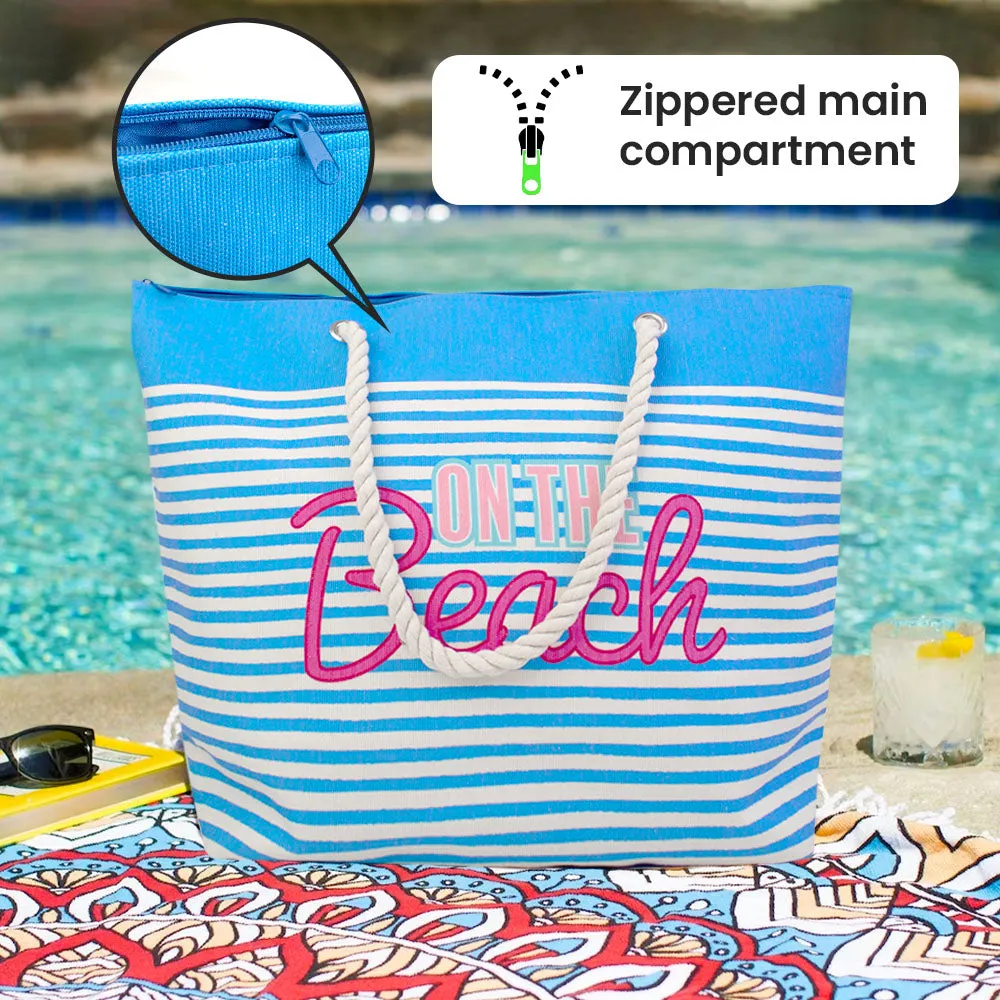 Beach Tote Bag with Rope Handles Striped "On The Beach" Design