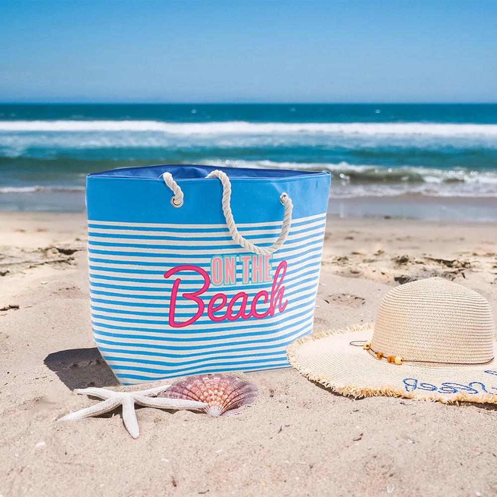 Beach Tote Bag with Rope Handles Striped "On The Beach" Design