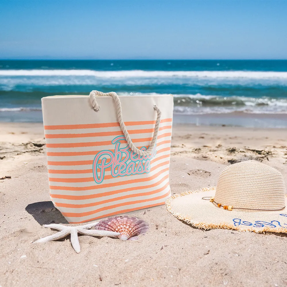 Beach Tote Bag with Rope Handles Striped "On The Beach" Design