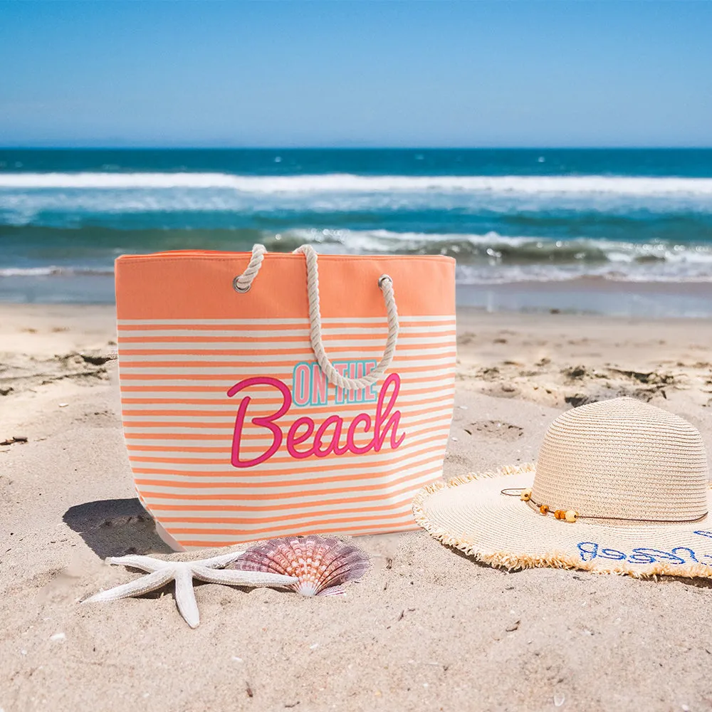 Beach Tote Bag with Rope Handles Striped "On The Beach" Design