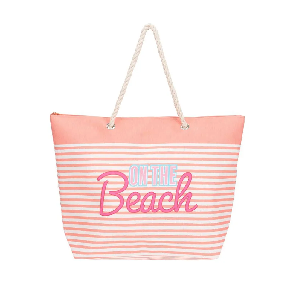 Beach Tote Bag with Rope Handles Striped "On The Beach" Design