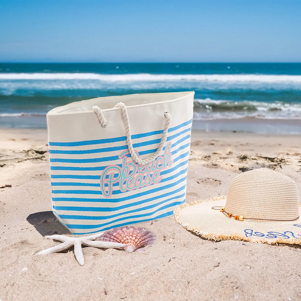 Beach Tote Bag with Rope Handles Striped "On The Beach" Design