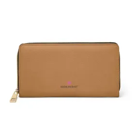 Beige Brown Color Zipper Wallet, Long Compact 7.87" x 4.33" Cruelty-Free Faux Leather Wallet with High Quality Nylon Zip & Metal Hardware