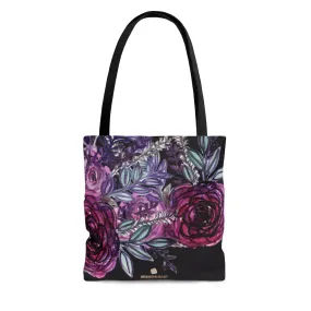 Black Floral Tote Bag, Black Red Flower Floral Print Women's Tote Bag- Made in USA (Size: S, M, L)