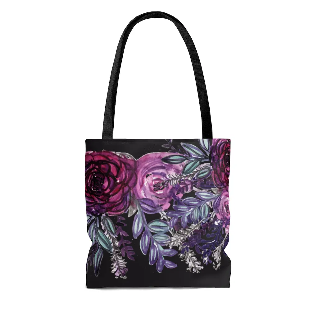 Black Floral Tote Bag, Black Red Flower Floral Print Women's Tote Bag- Made in USA (Size: S, M, L)