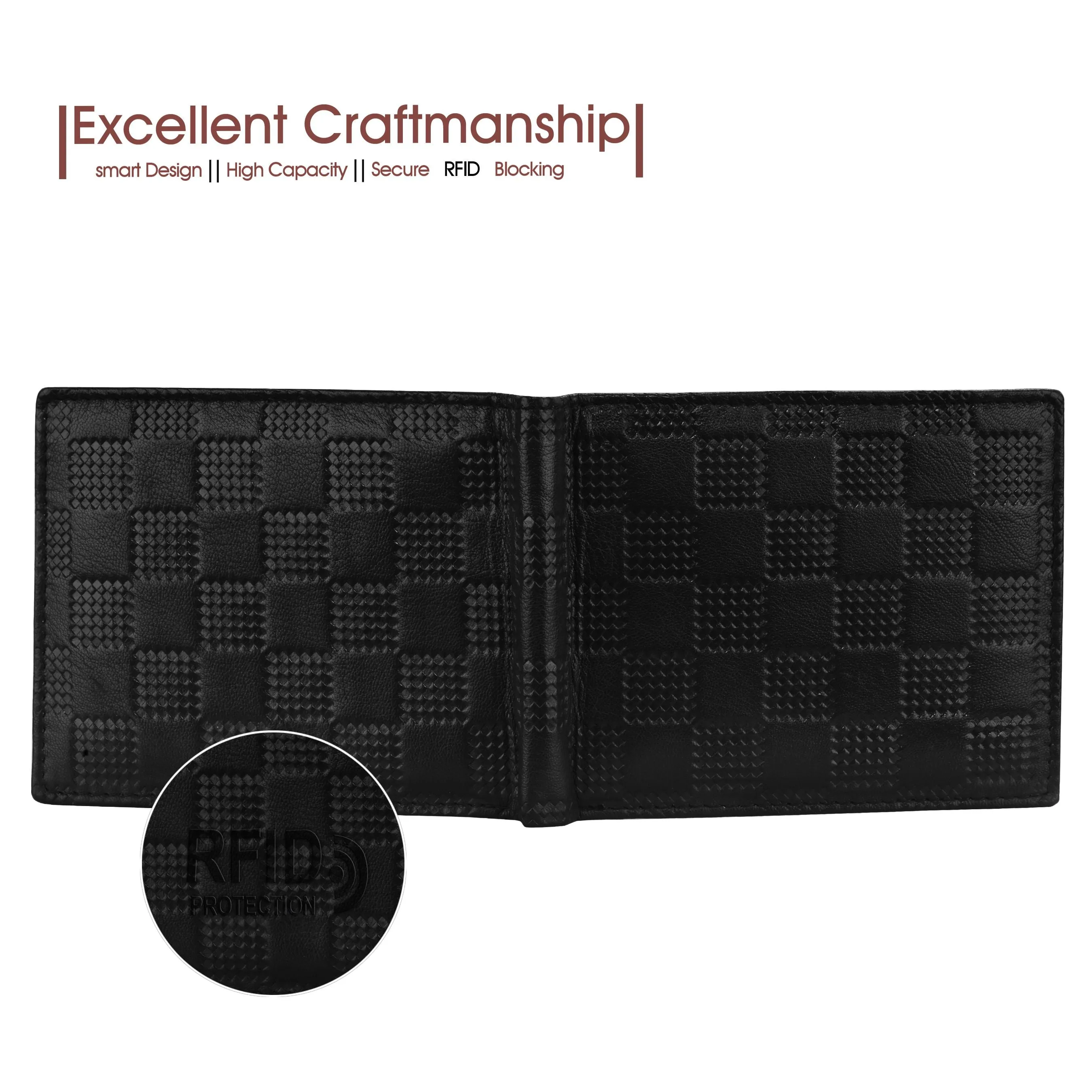 Black Leather Bi-Fold Wallet with RFID Blocking - Embossed Box Pattern, Zippered Coin Pocket, and ID Card Slot