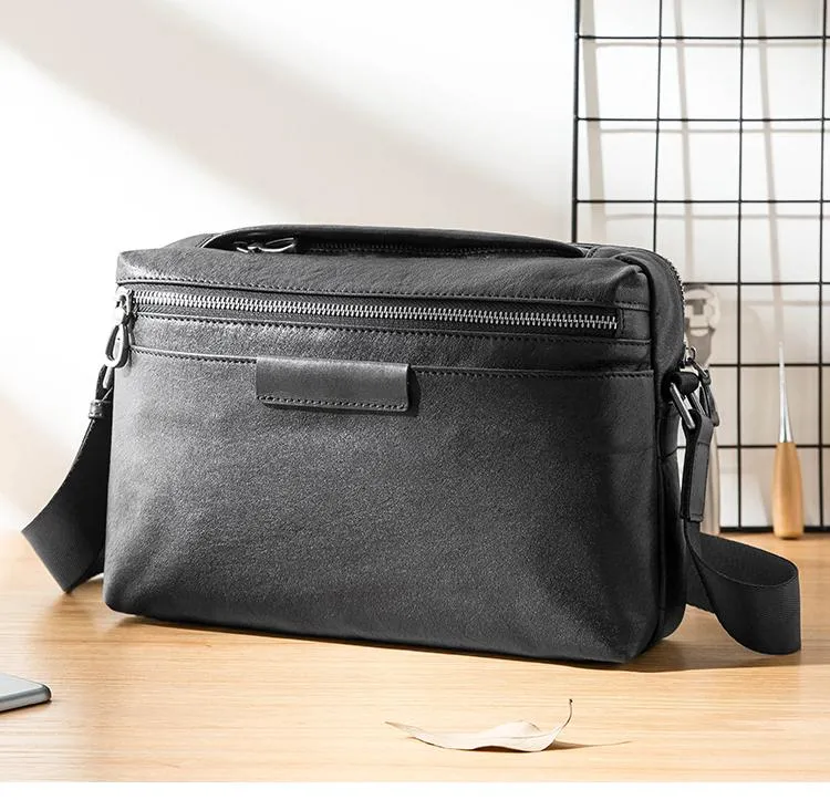 Black Soft Leather Mens 10 inches Courier Bag Postman Bag Black Messenger Bags Side Bag for Men