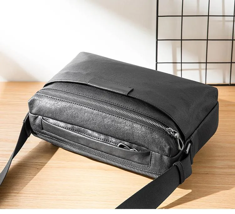 Black Soft Leather Mens 10 inches Courier Bag Postman Bag Black Messenger Bags Side Bag for Men