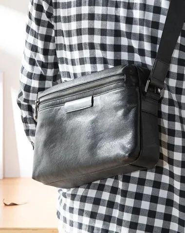 Black Soft Leather Mens 10 inches Courier Bag Postman Bag Black Messenger Bags Side Bag for Men