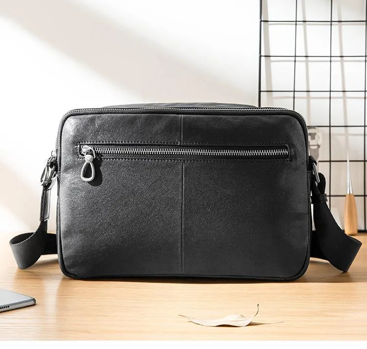 Black Soft Leather Mens 10 inches Courier Bag Postman Bag Black Messenger Bags Side Bag for Men