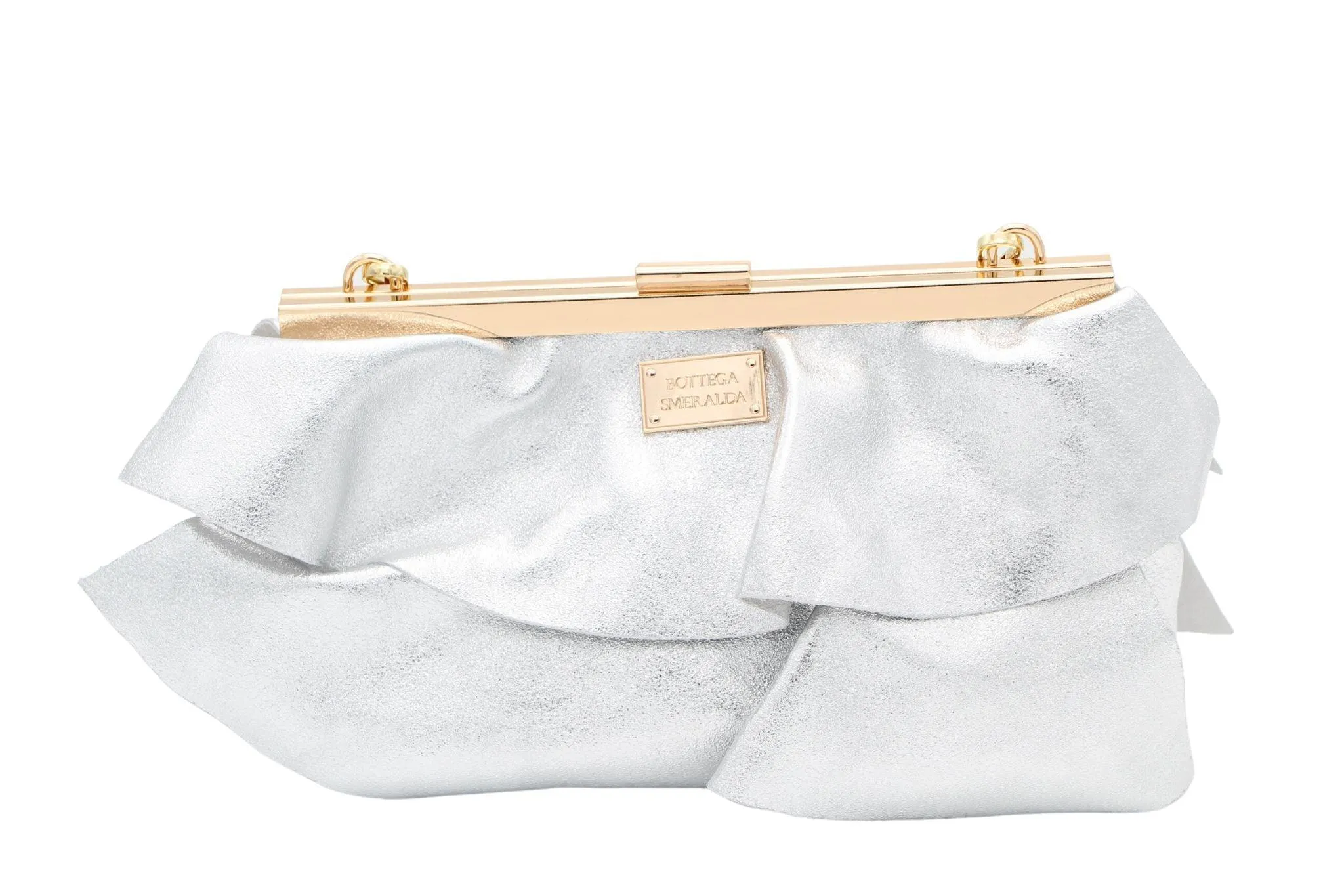 Bottega Silver Shimmer Leather Ruffled Crossbody Bag