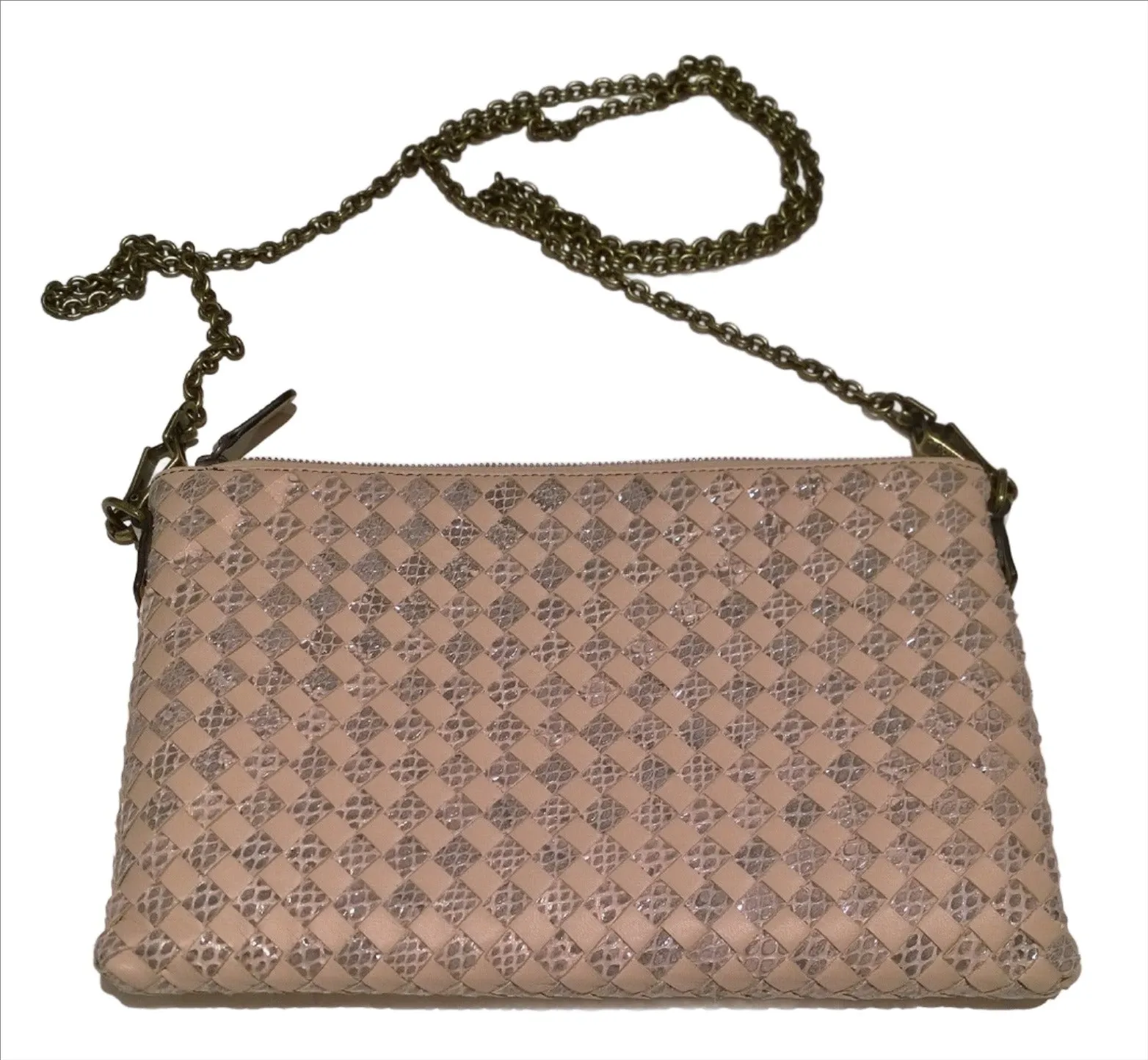 Bottega Veneta Blush Pink Leather and Elaphe Print Chain Clutch Bag