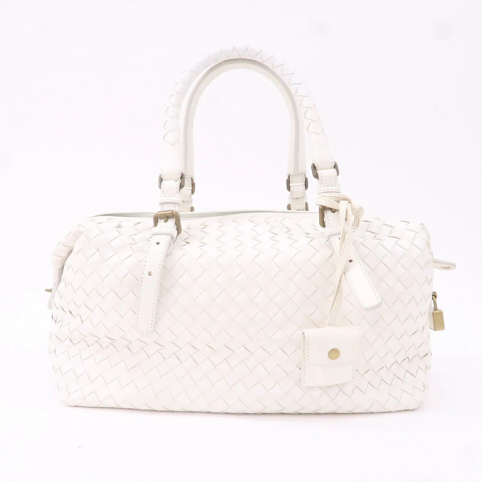 BOTTEGA VENETA Intrecciato Leather Boston Bag White 173398