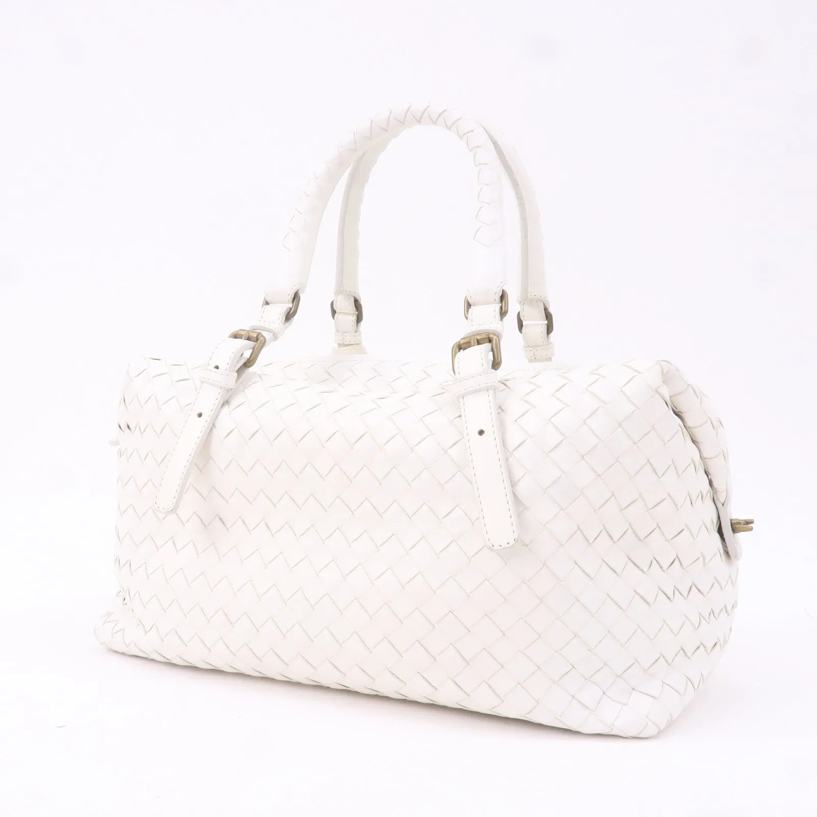 BOTTEGA VENETA Intrecciato Leather Boston Bag White 173398