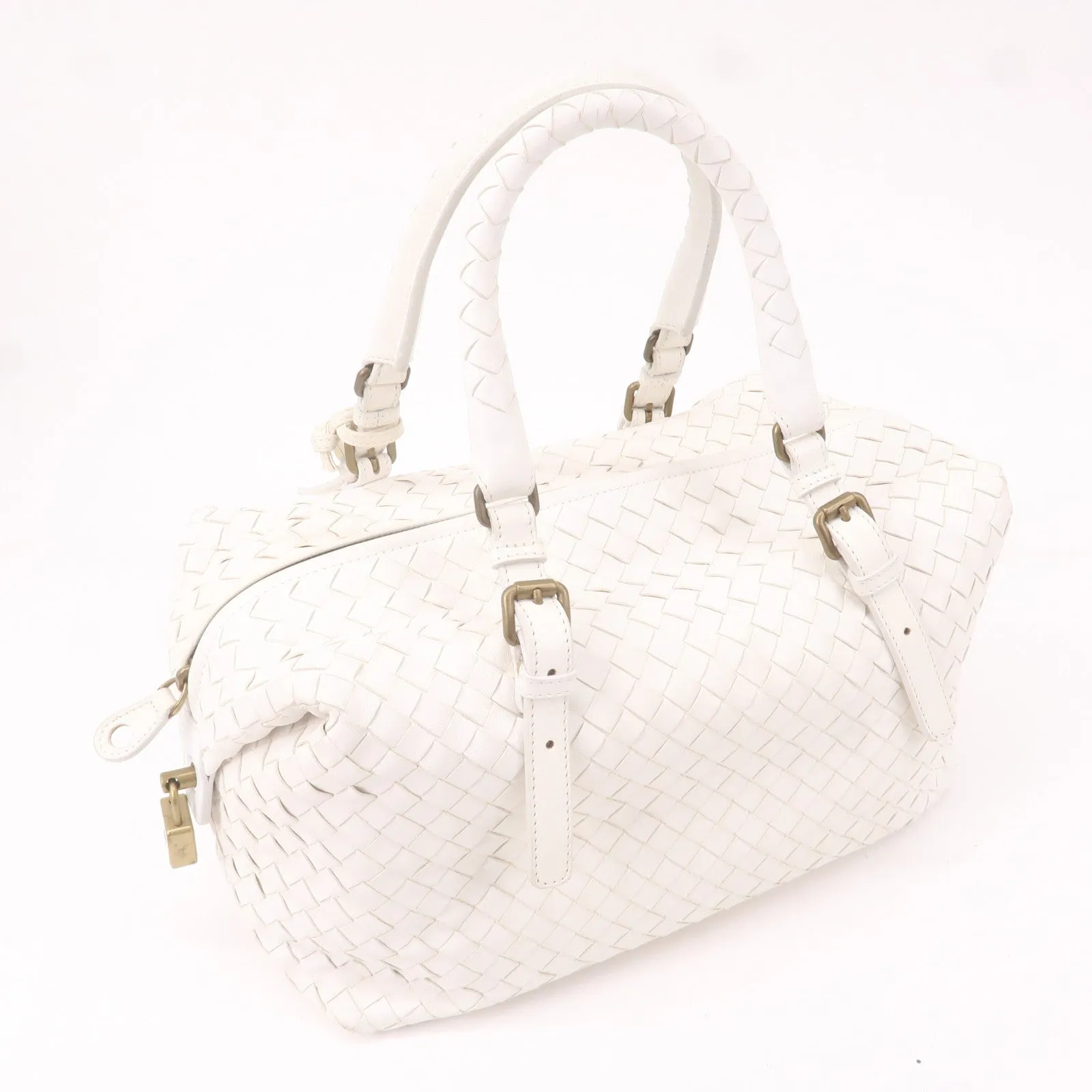 BOTTEGA VENETA Intrecciato Leather Boston Bag White 173398