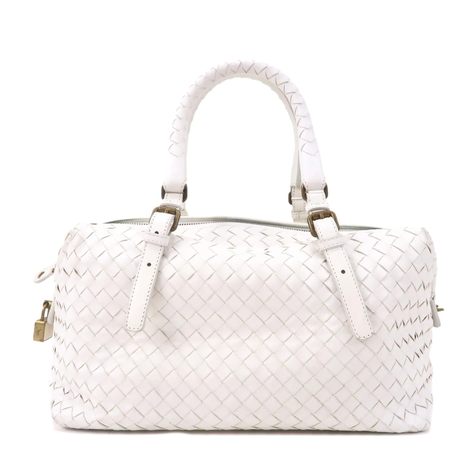 BOTTEGA VENETA Intrecciato Leather Boston Bag White 173398