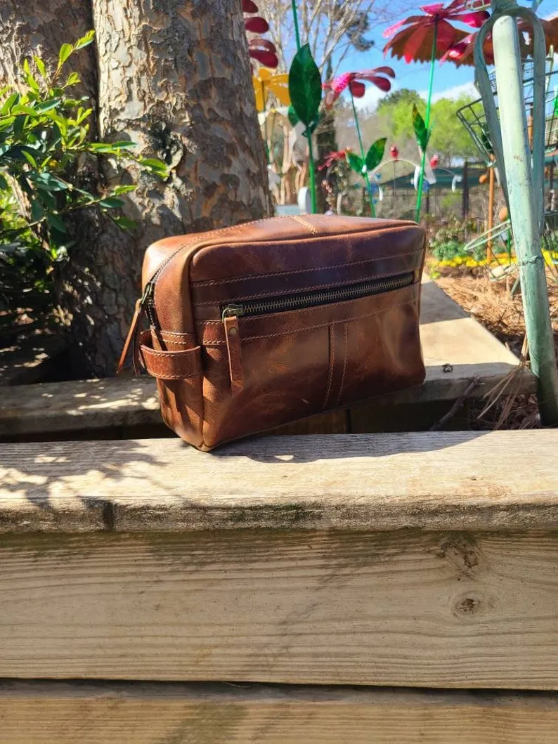 Buffalo Leather Travel Toiletry Bag - Cognac Brown