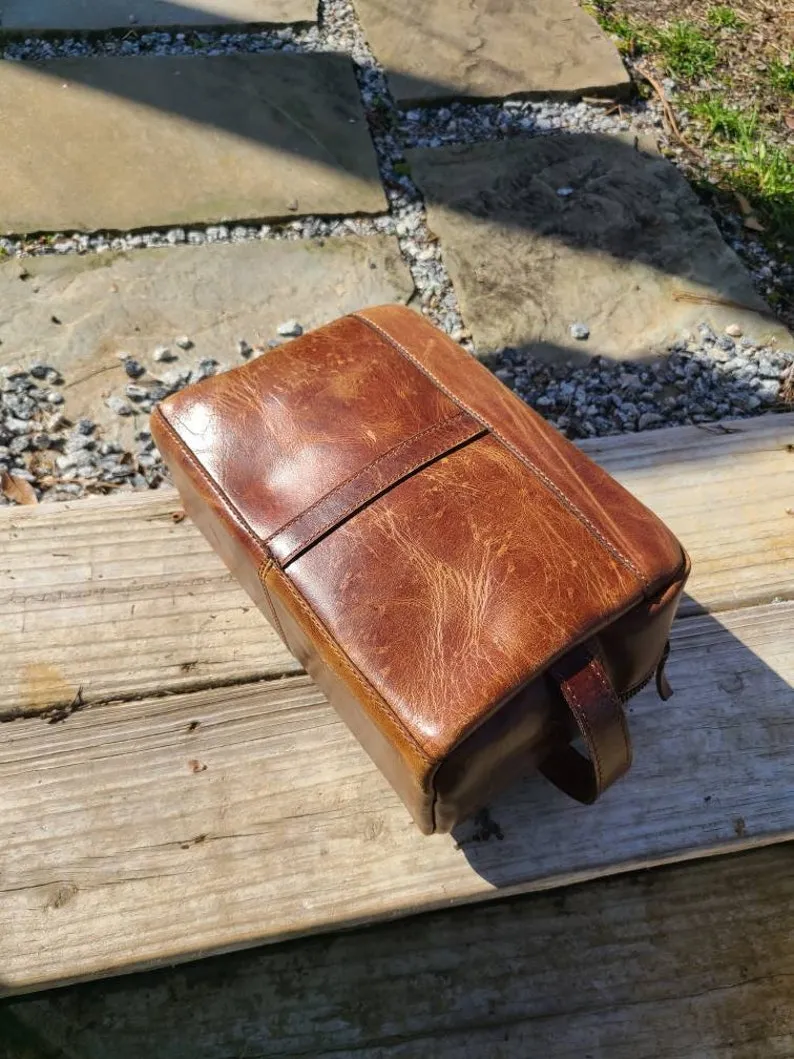 Buffalo Leather Travel Toiletry Bag - Cognac Brown