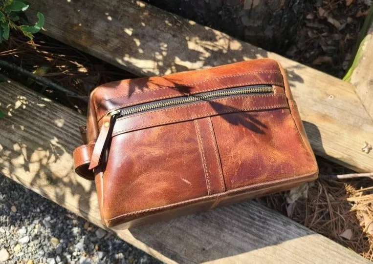 Buffalo Leather Travel Toiletry Bag - Cognac Brown