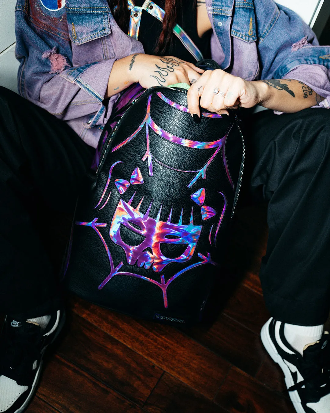 CAZZU IRIDESCENT CUT & SEW SPIDER SKULL SHARK BACKPACK (DLXV)