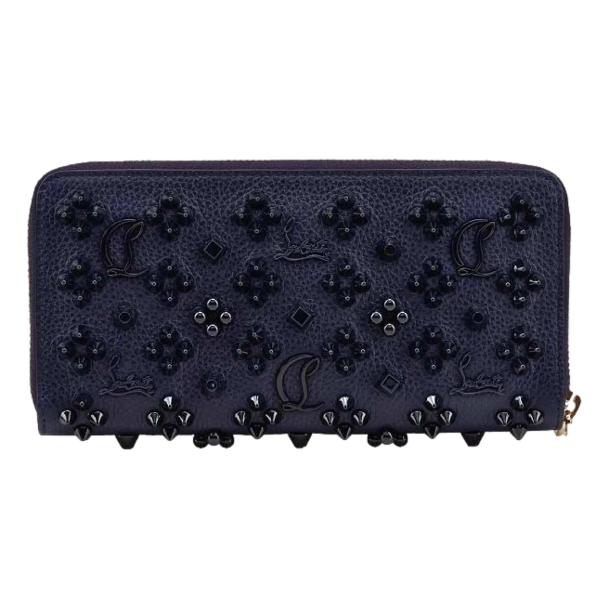 Christian Louboutin Panettone Studded Blue Leather Zip Around Wallet