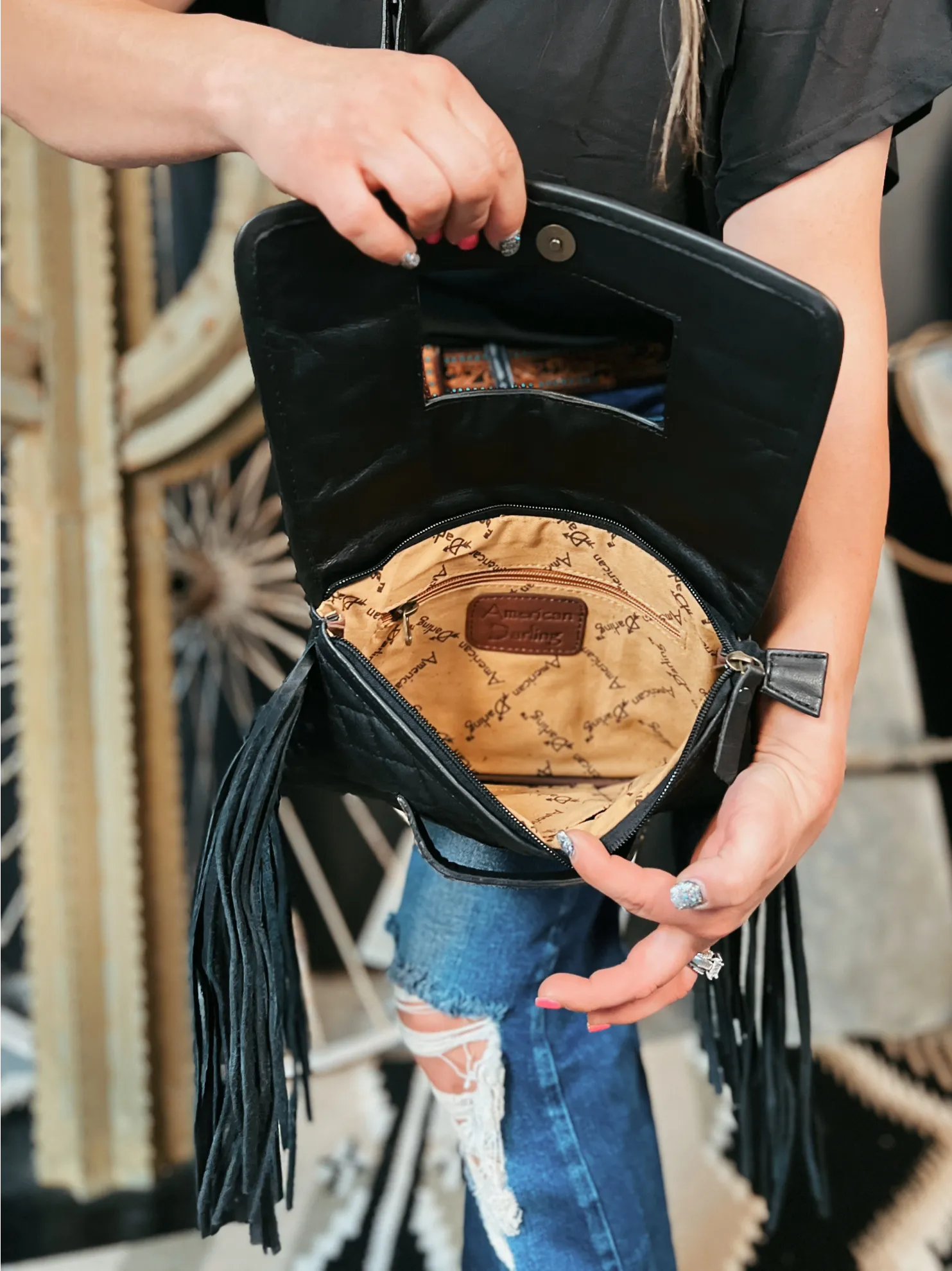 Darling Quilted Black Leather Clutch Bag With Fringe