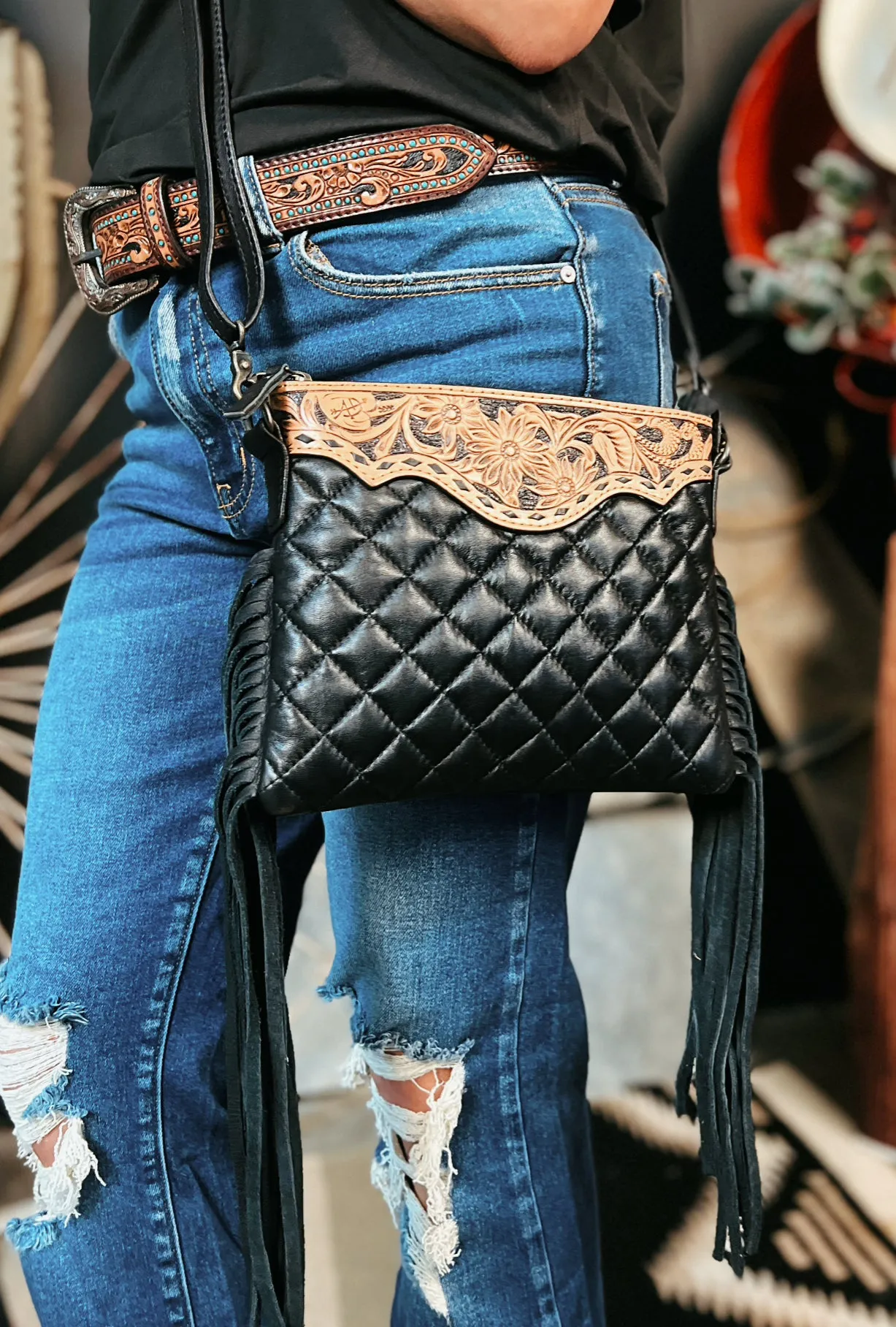 Darling Quilted Black Leather Crossbody Bag With Fringe