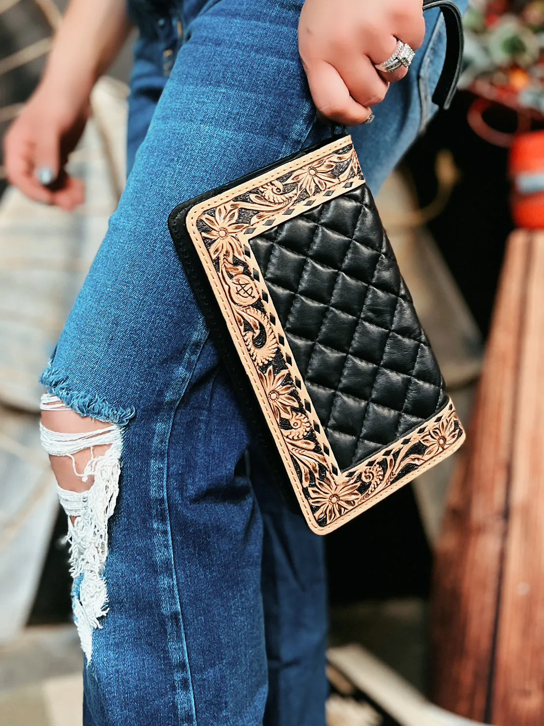 Darling Quilted Black Leather Crossbody Bag With Tooled Leather Border