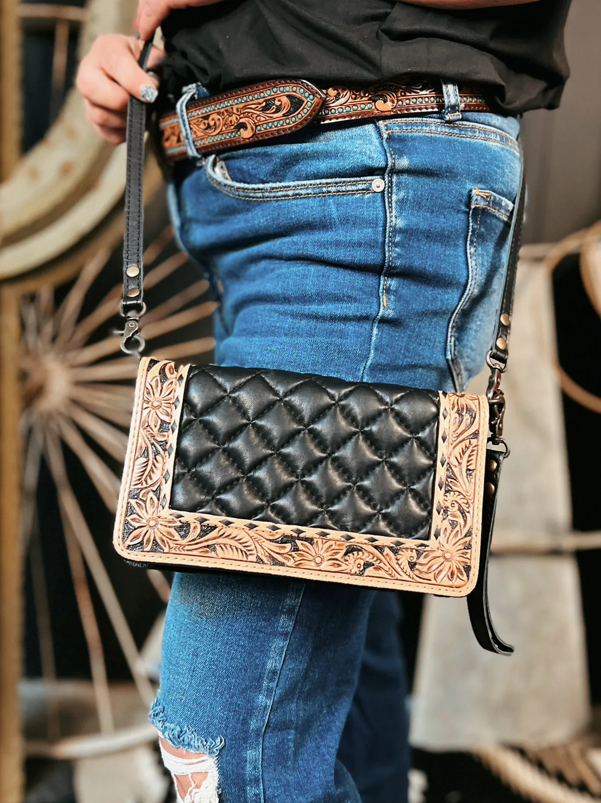 Darling Quilted Black Leather Crossbody Bag With Tooled Leather Border