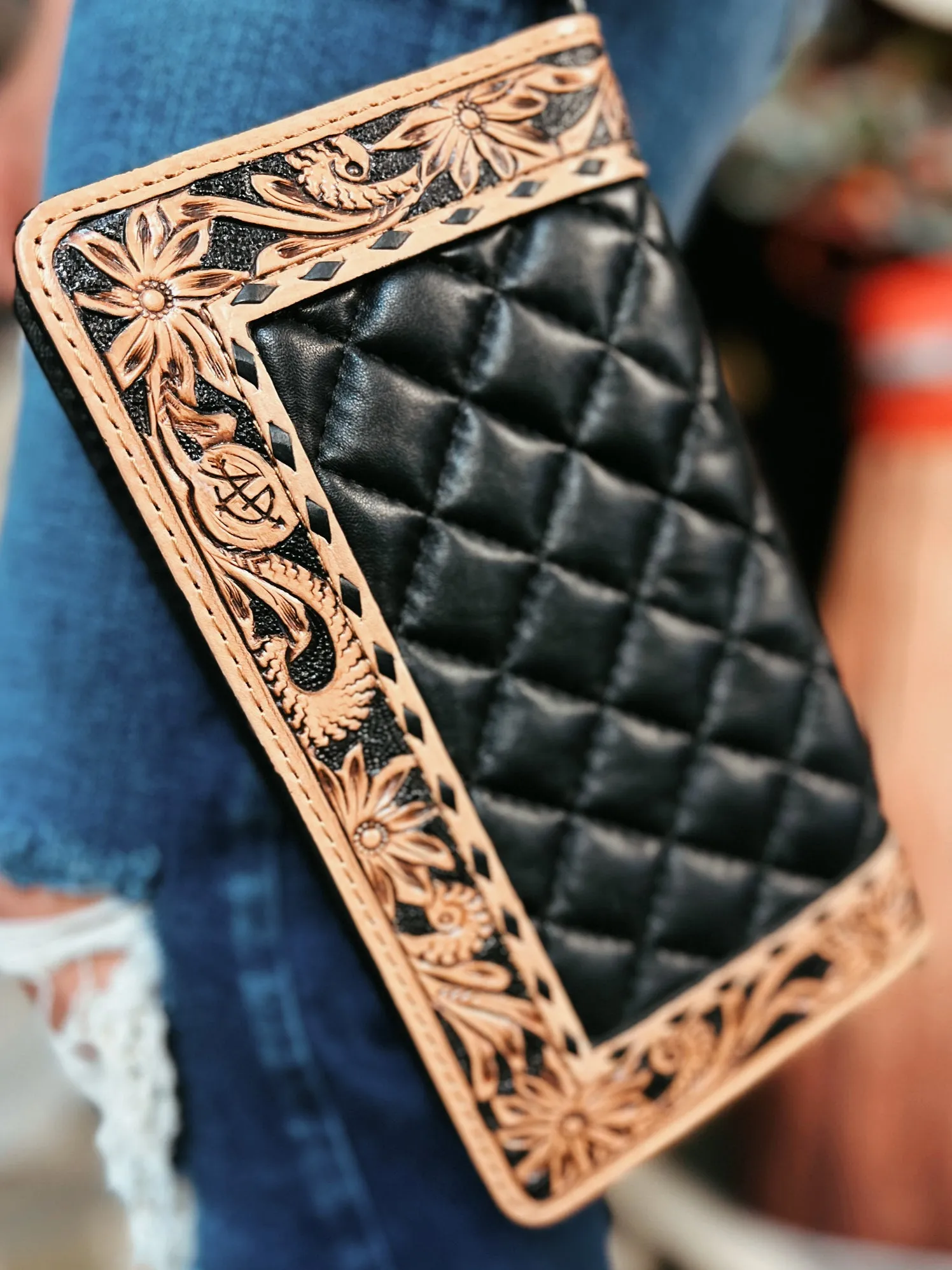 Darling Quilted Black Leather Crossbody Bag With Tooled Leather Border