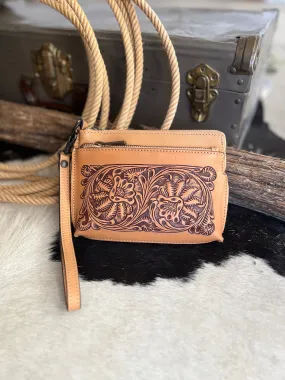 Darling Small Hand Tooled Leather Wristlet Pouch Bag