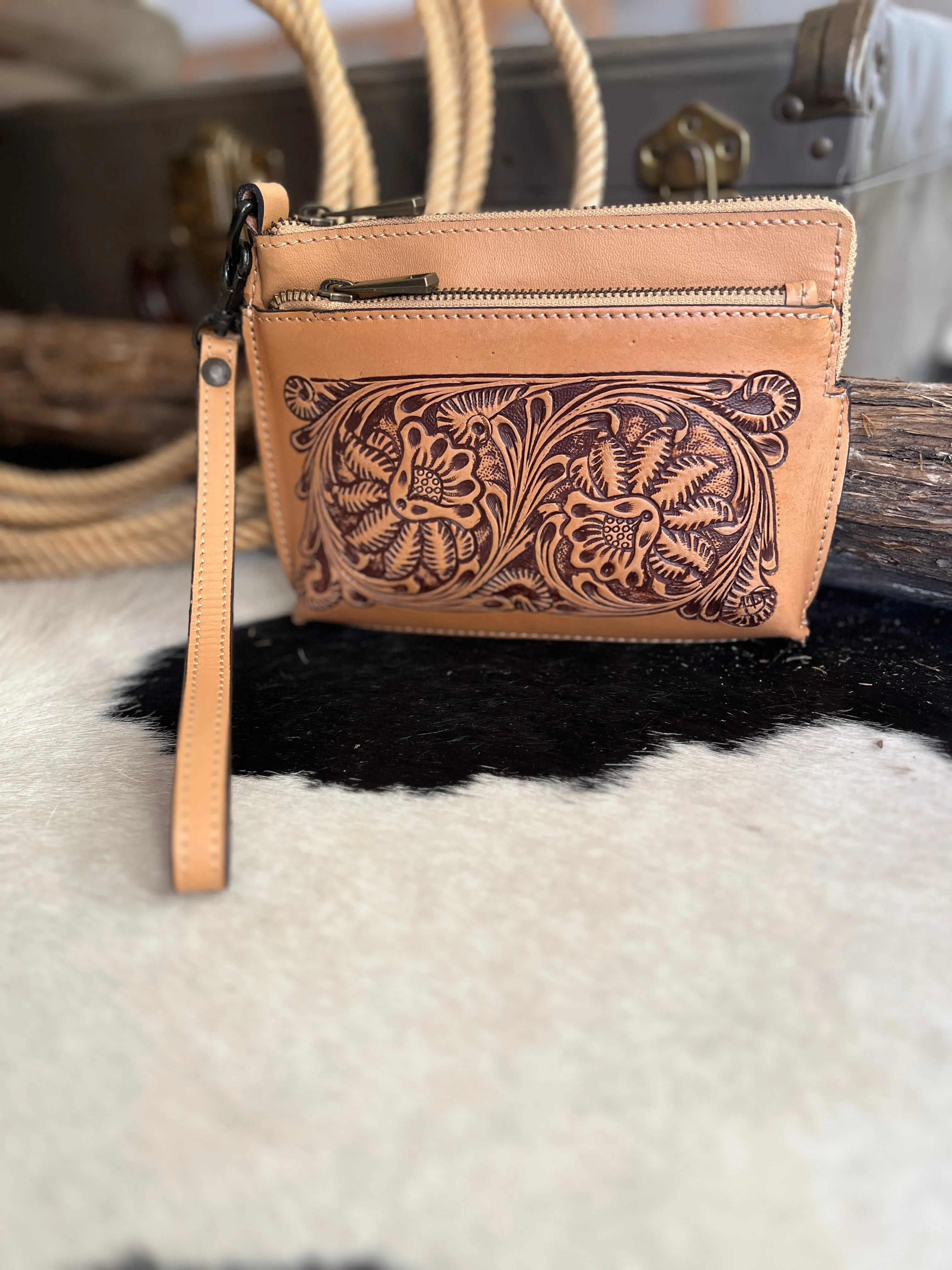 Darling Small Hand Tooled Leather Wristlet Pouch Bag