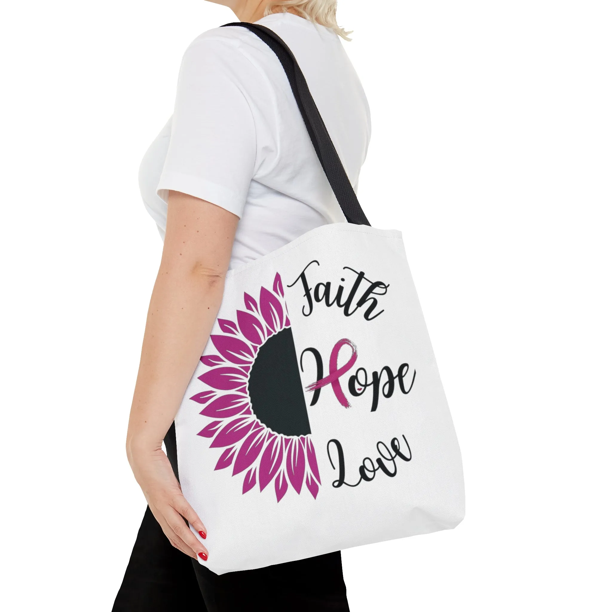 Faith Hope Love Cancer Tote Bag only at Bling & Bloom's Boutique | Warrior Tote Bag | Pink Ribbon Survivor Tote Bag