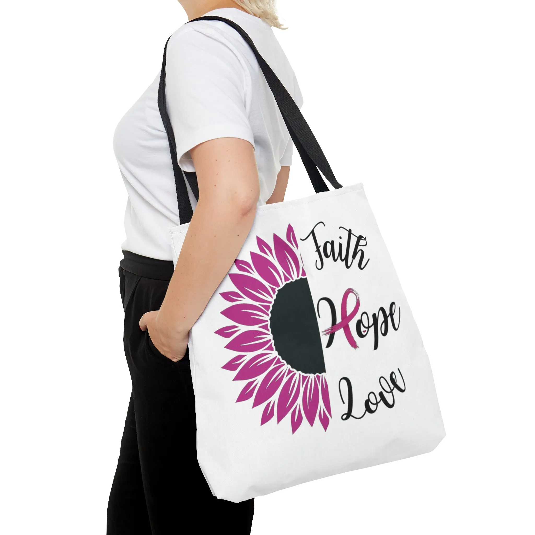 Faith Hope Love Cancer Tote Bag only at Bling & Bloom's Boutique | Warrior Tote Bag | Pink Ribbon Survivor Tote Bag