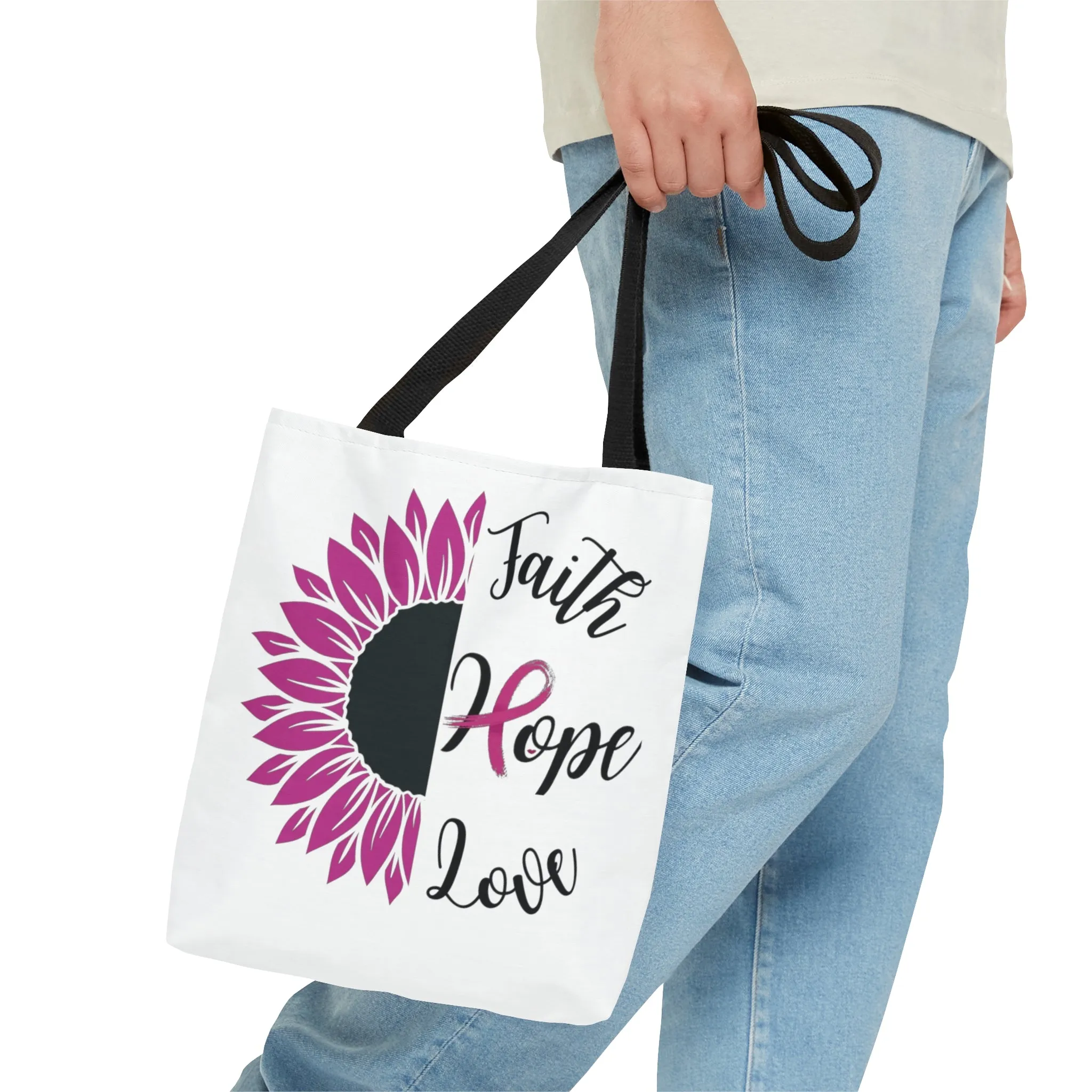 Faith Hope Love Cancer Tote Bag only at Bling & Bloom's Boutique | Warrior Tote Bag | Pink Ribbon Survivor Tote Bag