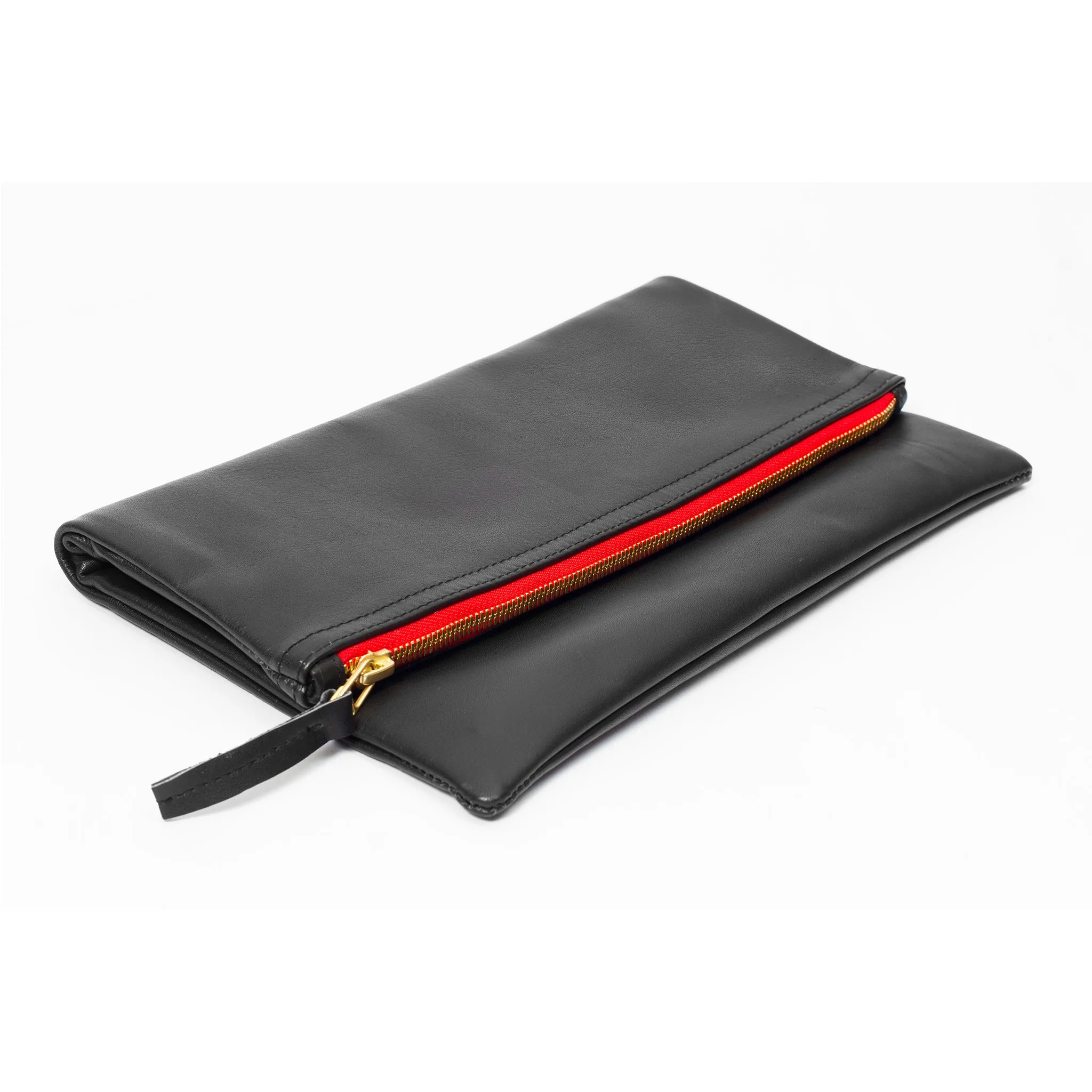 Genuine Lambskin Leather Foldover Clutch-Black