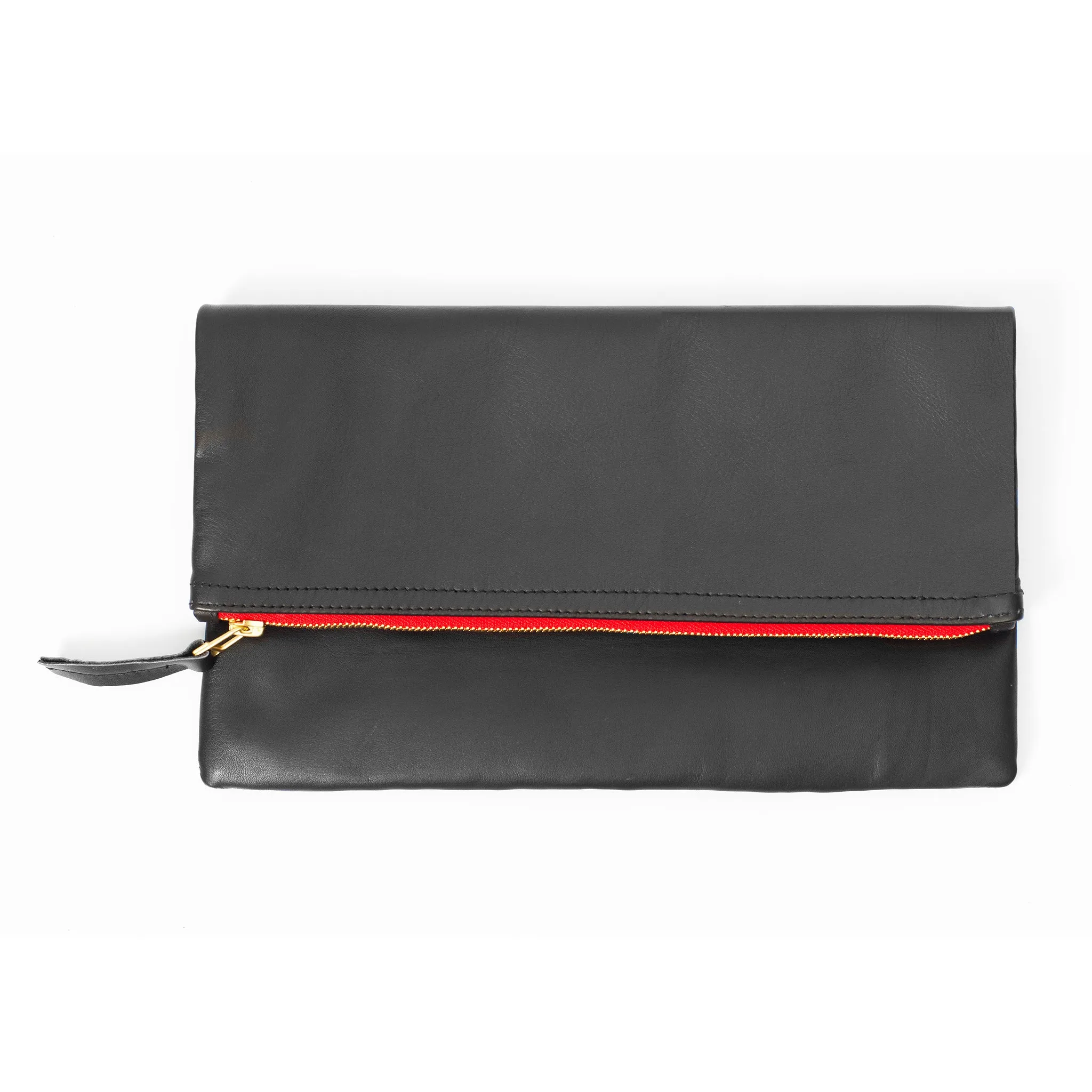 Genuine Lambskin Leather Foldover Clutch-Black