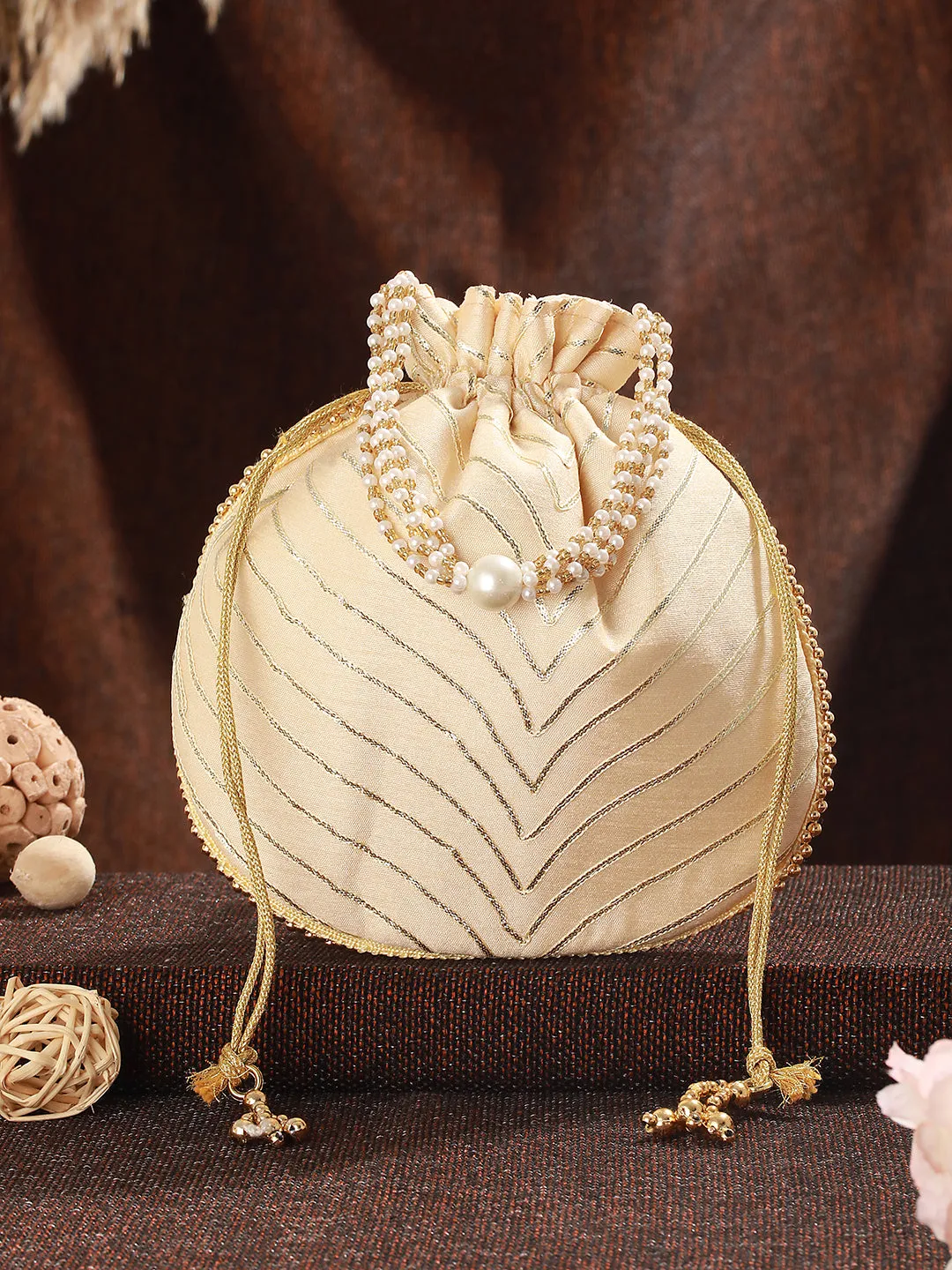 Gold Embellished Potli Clutch With Pearl Beaded Handle & Drawstrings