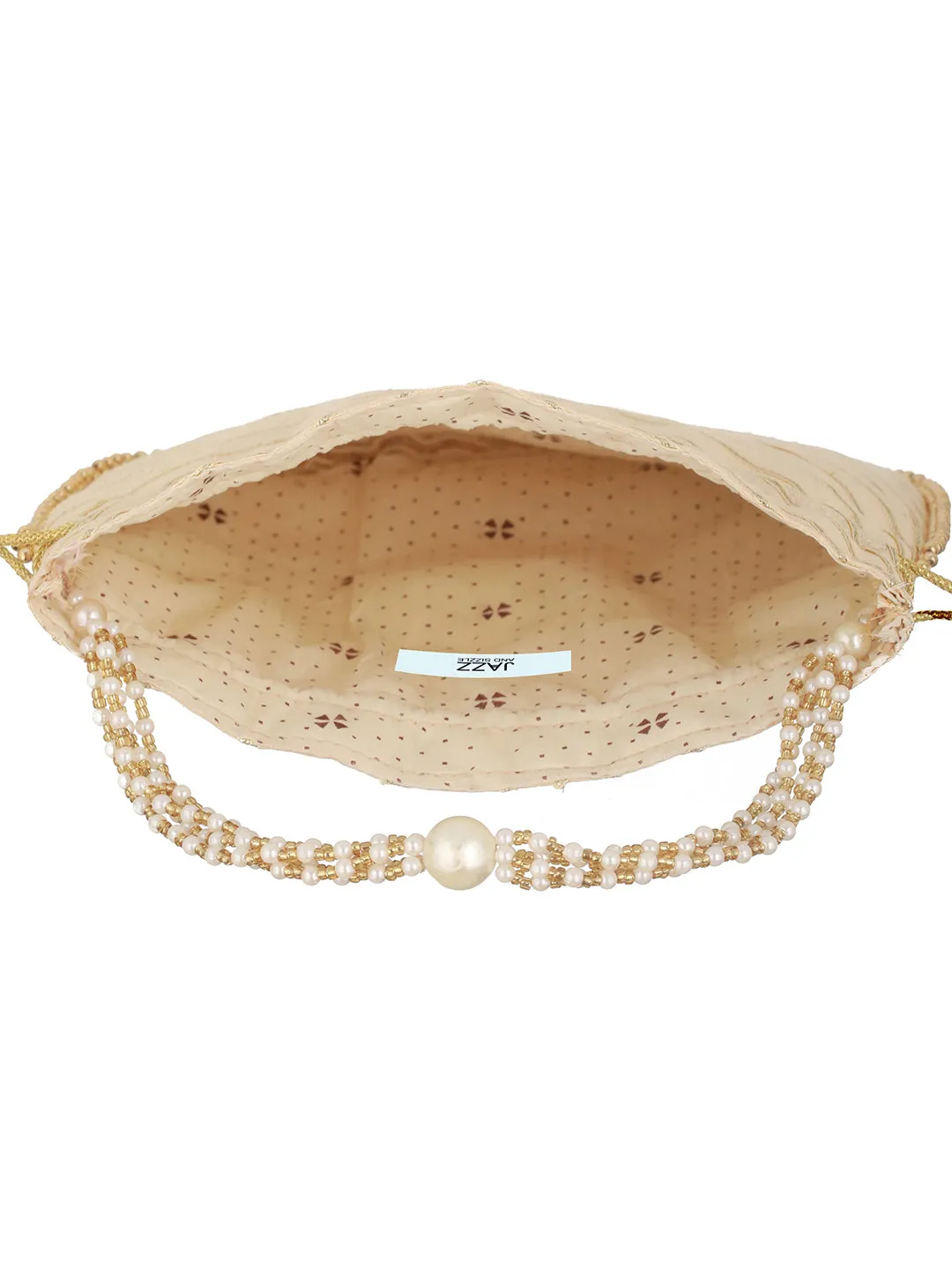 Gold Embellished Potli Clutch With Pearl Beaded Handle & Drawstrings