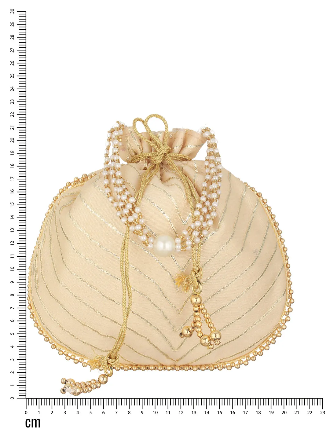 Gold Embellished Potli Clutch With Pearl Beaded Handle & Drawstrings