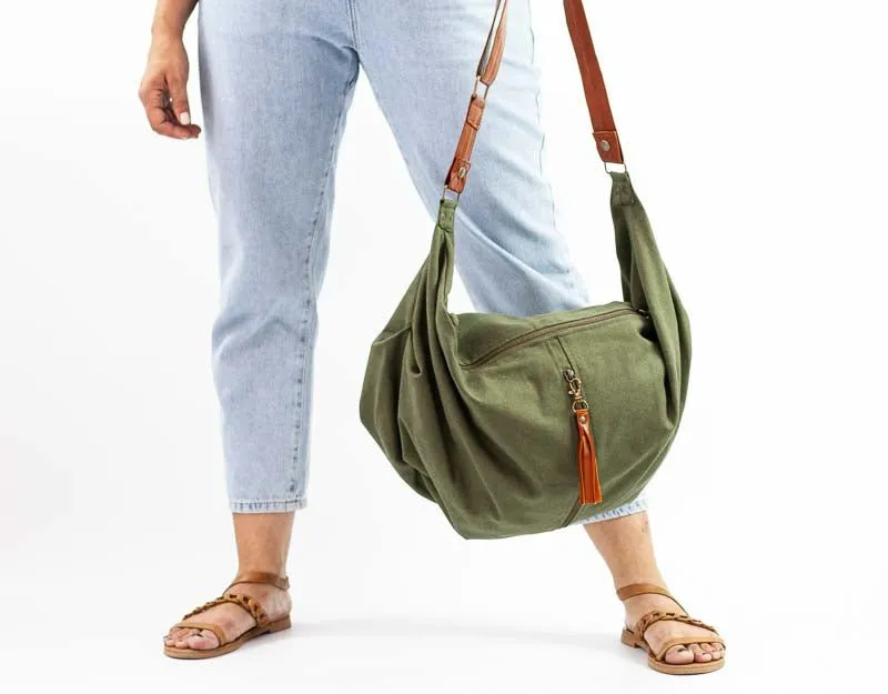 Kallia crossbody bag - Green canvas and brown leather