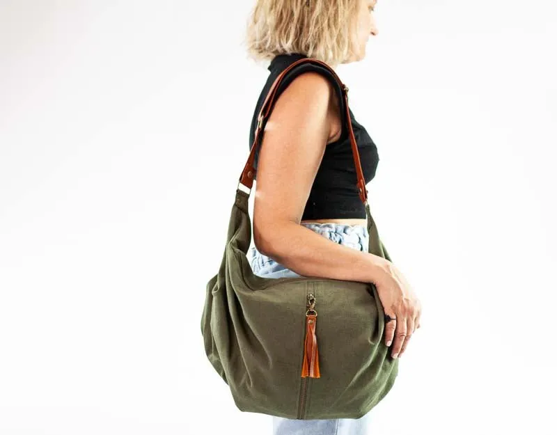 Kallia crossbody bag - Green canvas and brown leather