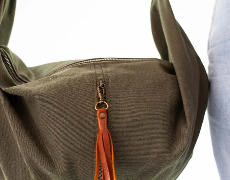 Kallia crossbody bag - Green canvas and brown leather