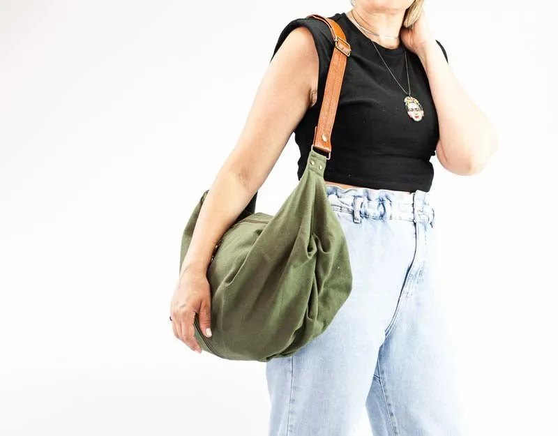 Kallia crossbody bag - Green canvas and brown leather